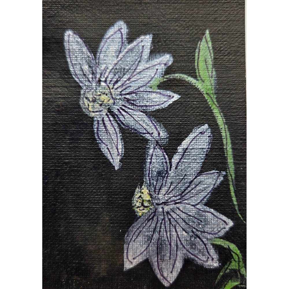 ACEO Original Art Metallic Silver Flowers with Ink Detailing